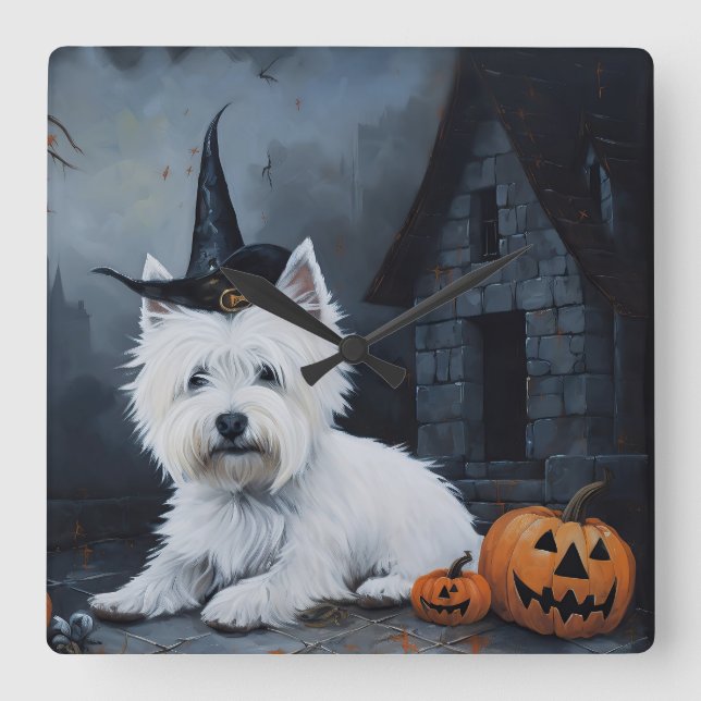 Väster Highland White Terrier Pumpkin Halloween Fyrkantig Klocka (Framsida)