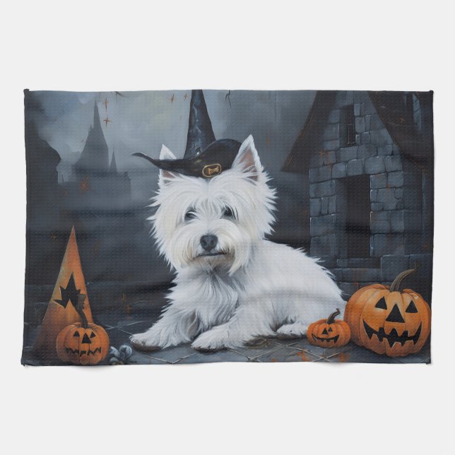 Väster Highland White Terrier Pumpkin Halloween Kökshandduk (Horisontell)