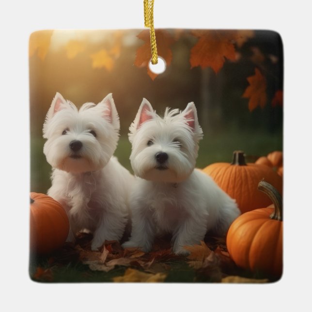 Väster Highland White Terrier Puppy Autumn Pumpkin Julgransprydnad Keramik (Framsida)