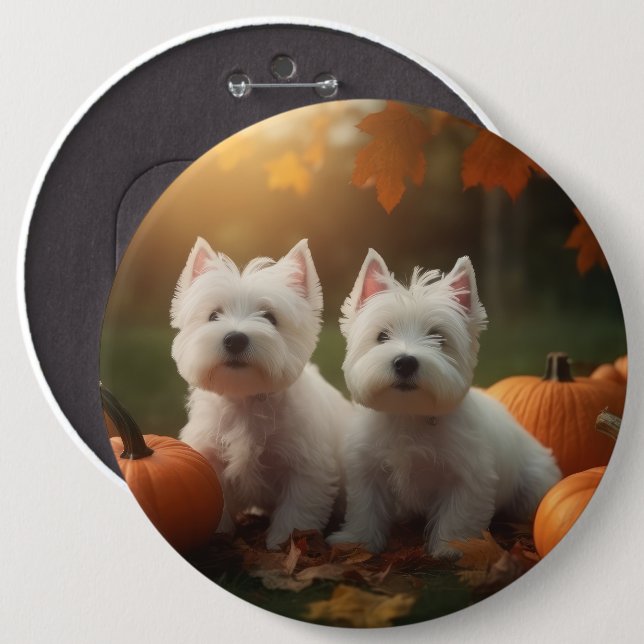 Väster Highland White Terrier Puppy Autumn Pumpkin Knapp (Framsida & baksida)