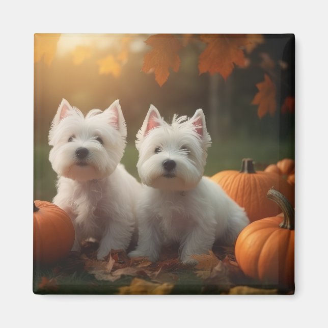 Väster Highland White Terrier Puppy Autumn Pumpkin Magnet (Framsidan)