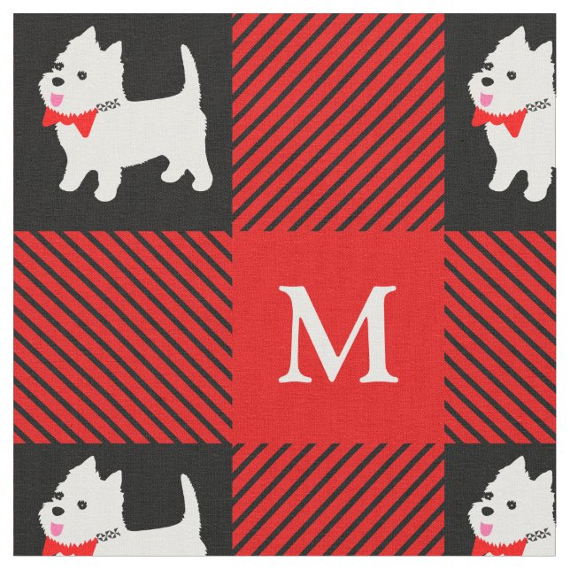 Väster Highland White Terrier Westie Puppy Plaid Tyg (Närbild)