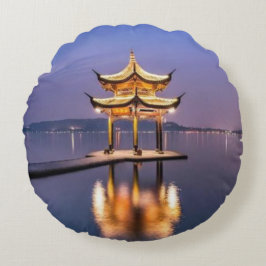 Väster, Sjö, Hangzhou, Kina Rund Kudde