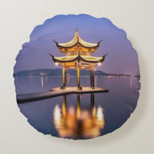 Väster, Sjö, Hangzhou, Kina Rund Kudde