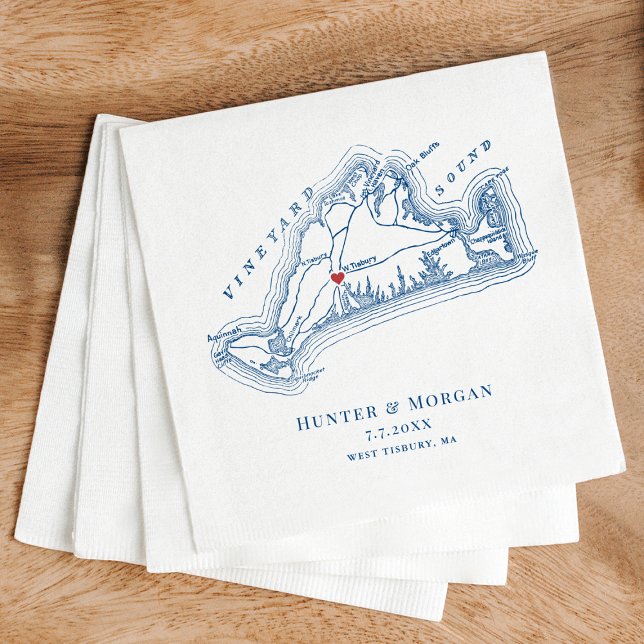 Väster Tisbury Karta Elegant  Navy Blue Bröllop Pappersservett (West Tisbury Martha's Vineyard Map Wedding Napkin in Elegant Navy Blue by Coastal Map Designs)