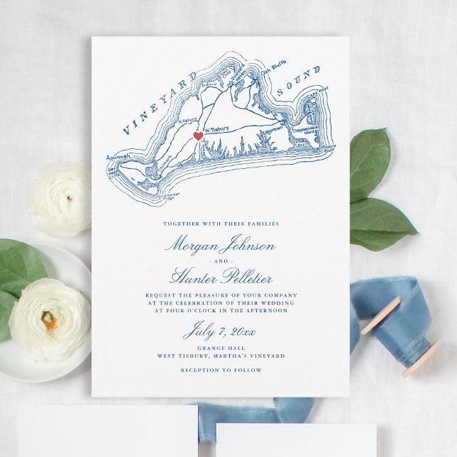 Väster Tisbury MORSA Karta Elegant Navy Blue Bröll Inbjudningar (West Tisbury Map Wedding Invitation for an elegant Navy Blue Martha's Vineyard Wedding)