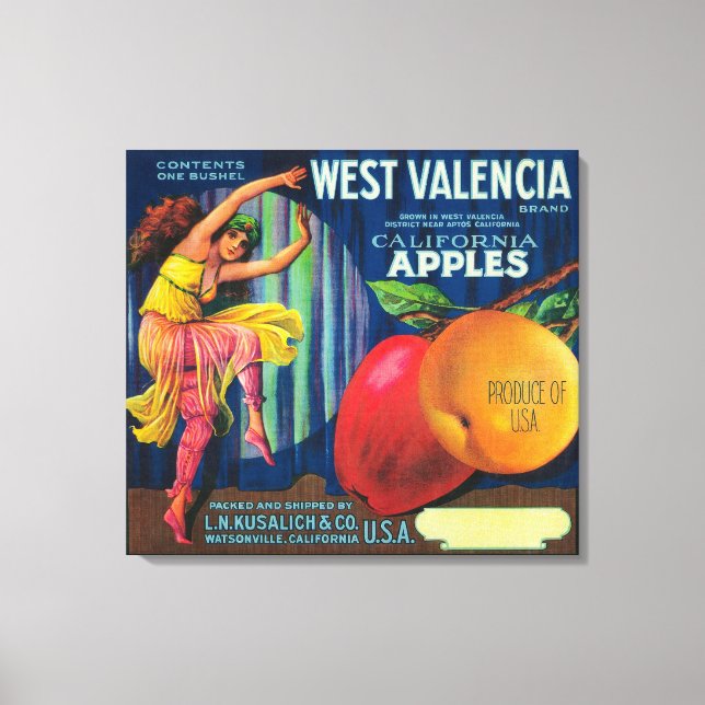 Väster Valencia Apple Låda LabelWatsonville, CA Canvastryck (Framsida)
