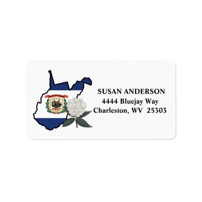 Väster Virginia Flagga med State Flower Rhododendr Adressetikett (Framsidan)