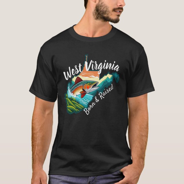 Väster Virginia Mountain State Reel Fishing Sports T Shirt (Framsida)