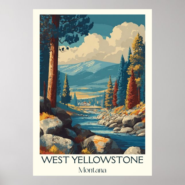 Väster Yellowstone MT Vintage Winter Ski Art Poster (Framsidan)