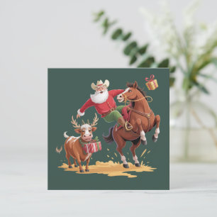 Västerländsk cowboy jultomte Xmas rodeo häst & ren Julkort