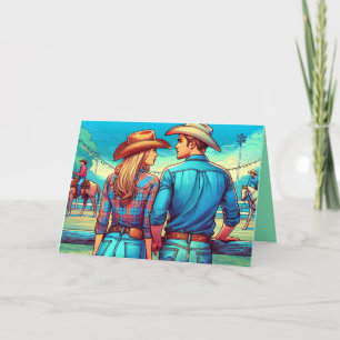 Västerländsk cowboy och cowgirl som tittar på rytt kort