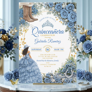 Västerländsk cowgirl blå rosor gyllene Quinceañera Inbjudningar