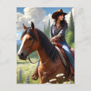 Västerländsk Cowgirl Ridande Häst Postkort Vykort