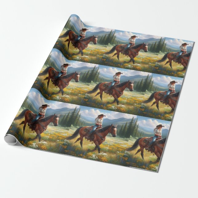 Västerländsk cowgirl ridhäst  presentpapper (Utrullad)