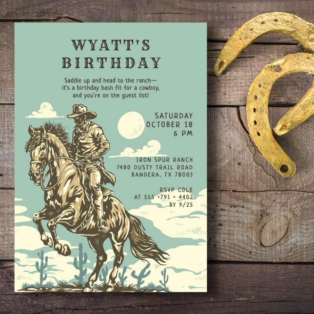 Västerländsk Födelsedagsfest Cowboy Rustik Ungdom Inbjudningar (A Western birthday party invitation for anyone.
)
