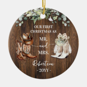 Västerländsk första jul som Mr & Mrs Cowboy Cowgir Julgransprydnad Keramik