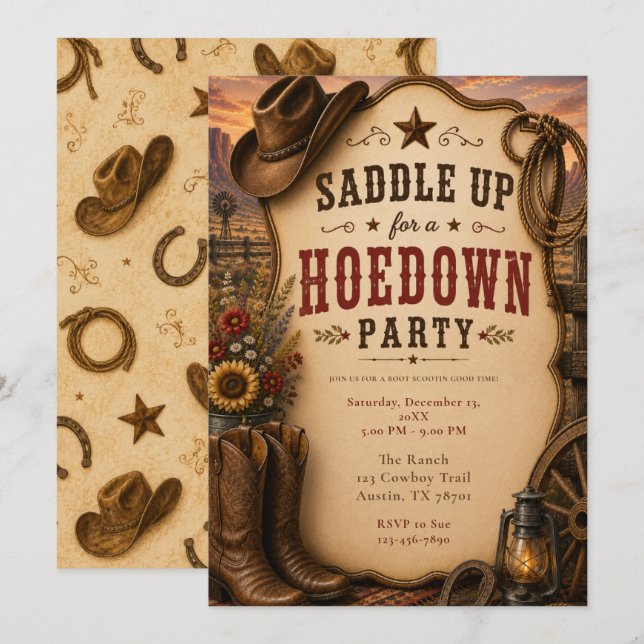 Västerländsk Hoedown-fest Inbjudningar (Fram/baksida)