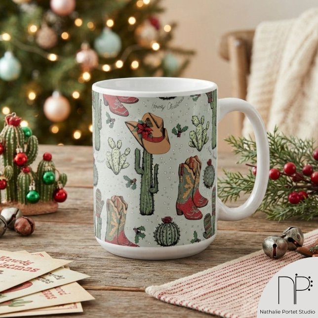 Västerländsk Howdy julmugg Kaffemugg (This western christmas mug features hand-drawn boots, cacti, and holiday art on sage green.)
