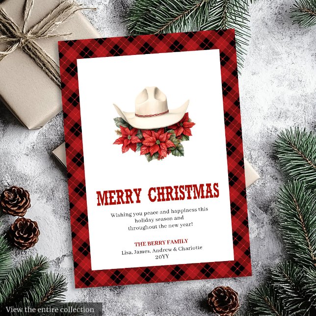 Västerländsk julkort lantlig rutmönsterdesign (Western Christmas card farmhouse plaid design

)