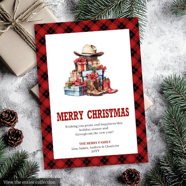 Västerländsk julkortbuffelrutig typografi julkort (Western holiday card buffalo plaid typography

)