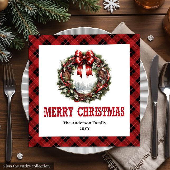 Västerländsk julkrans röd svart buffel servetter (Western Christmas wreath red black buffalo napkins)