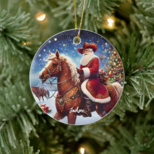 Västerländsk jultomte ridande på häst jul julgransprydnad keramik