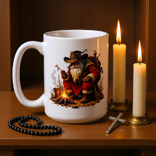 Västerländsk jultomte vid lägereld kaffemugg