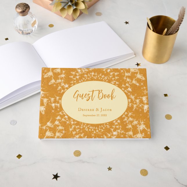 Västerländsk Rustik Guld Glitter Monogram Ko Skall Gästböcker (Framsida öppen)