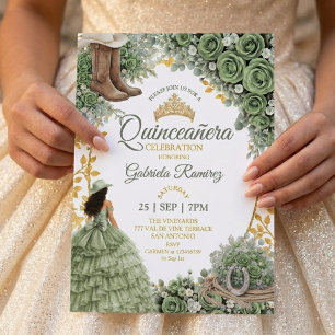 Västerländsk Salvia Grön Ros Guld Land Quinceañera Inbjudningar