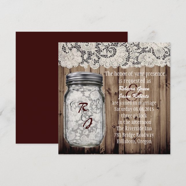 västerländsk vintage lada trä spets murbruk burkar inbjudningar (Fram/baksida)