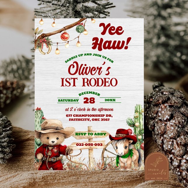 Västerländsk Yeehaw jul röd cowboy rodeo födelseda Inbjudningar (Skapare uppladdad)