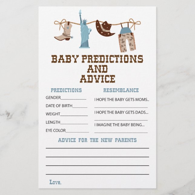 Västerländska Cowboy Baby Shower Råd och Förutsäge Flygblad (Framsidan)