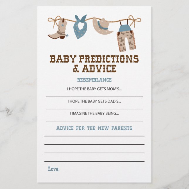Västerländska Cowboy Baby Shower Råd och Förutsäge Flygblad (Framsidan)