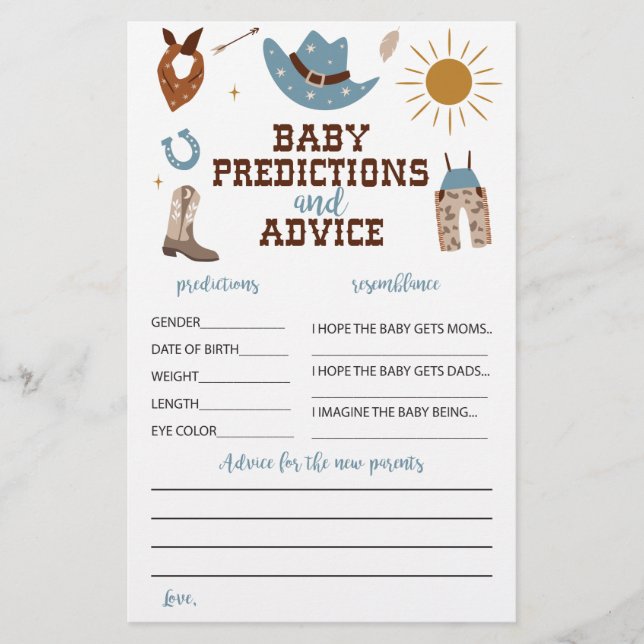 Västerländska Cowboy Baby Shower Råd och Förutsäge Flygblad (Framsidan)
