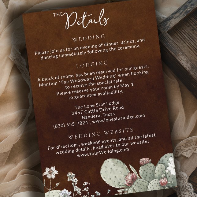 Västerländska Cowboy Vintage Botaniska Bröllopsdet Tilläggskort (western wedding theme southwestern botanical cactus floral art details card)