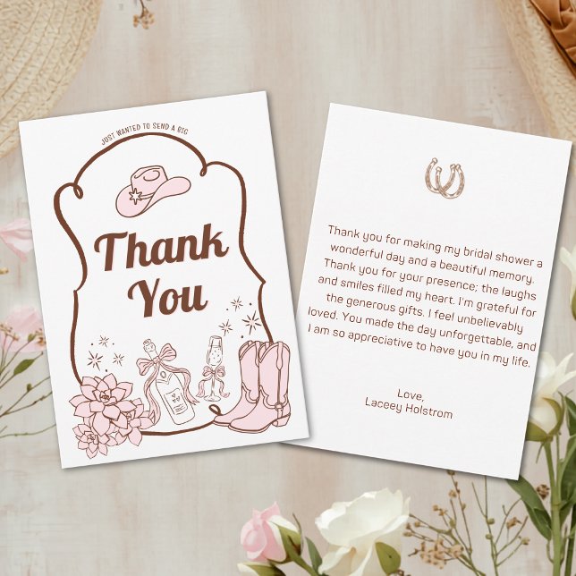 Västerländska Cowgirl Bröllopsdusch Handritad Tack Kort (Western Cowgirl Bridal Shower Hand Drawn Thank You Card)