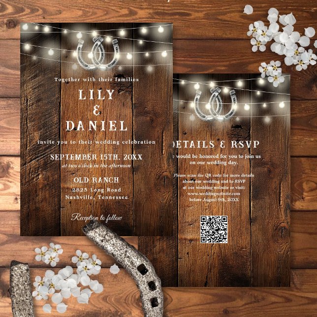 Västerländska Hästskor QR-kod Allt-i-allt Bröllop Inbjudningar (Western Horseshoes QR Code All In One Wedding Invitation)