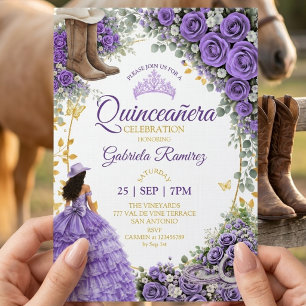 Västerländska Lavendelrosor Guld Country Quinceañe Inbjudningar