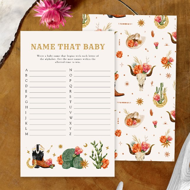 Västerländska Namnge det spädbarnsspelet (Western Theme Name That Baby Game Card by Painted Paperie)