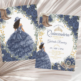 Västerländska Navy Blå Rosor Guld Land Quinceañera Inbjudningar