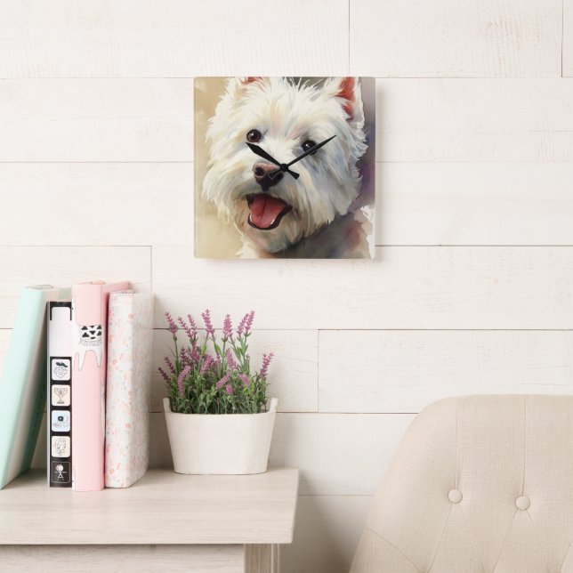 Västie hund akvarellporträtt fyrkantig klocka (Läsesal)