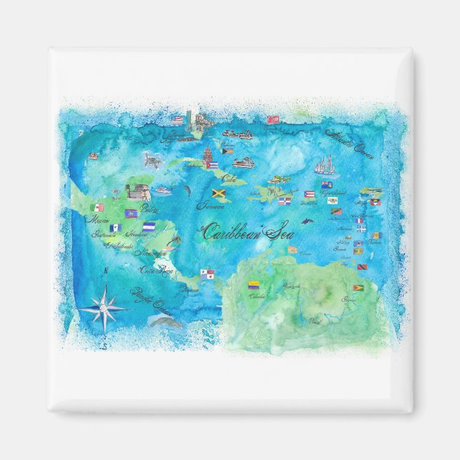 Västindien Cruise Travel Poster Karta Antilles Väs Magnet (Framsidan)