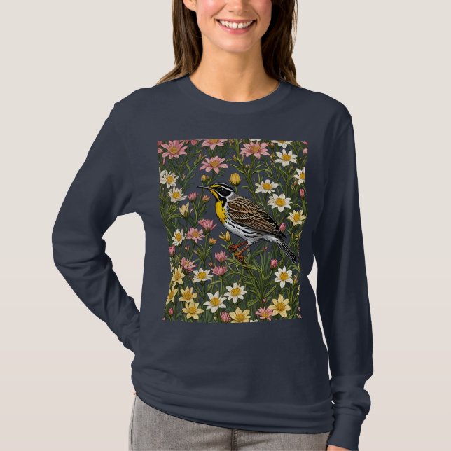 Västra ängstrupssångare omgiven av bitterrotblomma t shirt (Framsida)