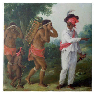 Västra indisk man av färg som riktar två Carib Wom Kakelplatta