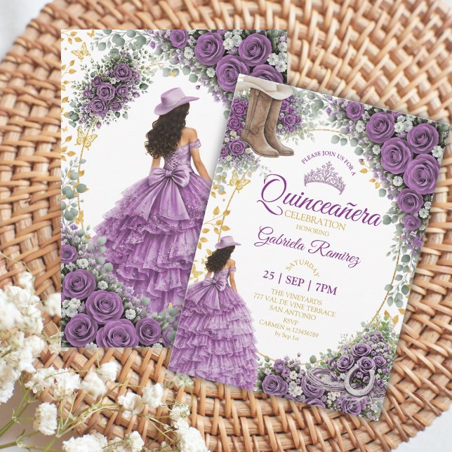 Västra lila rosor Gylden Country Quinceañera Inbjudningar (Skapare uppladdad)