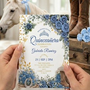 Västra stövlar Blå rosor Guld Quinceañera Inbjudningar