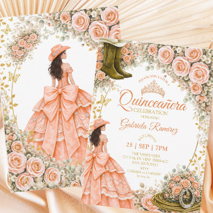 Västra stövlar persikor rosor gyllene Quinceañera Inbjudningar