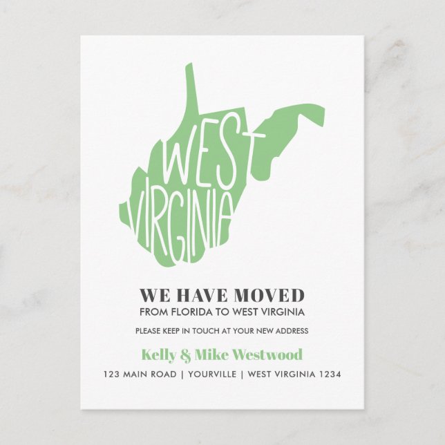 VÄSTVIRGINIA  Vi har flyttat Ny adress Nytt hem    Vykort (Framsida)