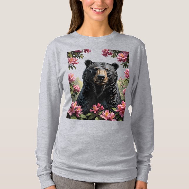 Västvirginisk björn och rosa rhododendron t shirt (Framsida)